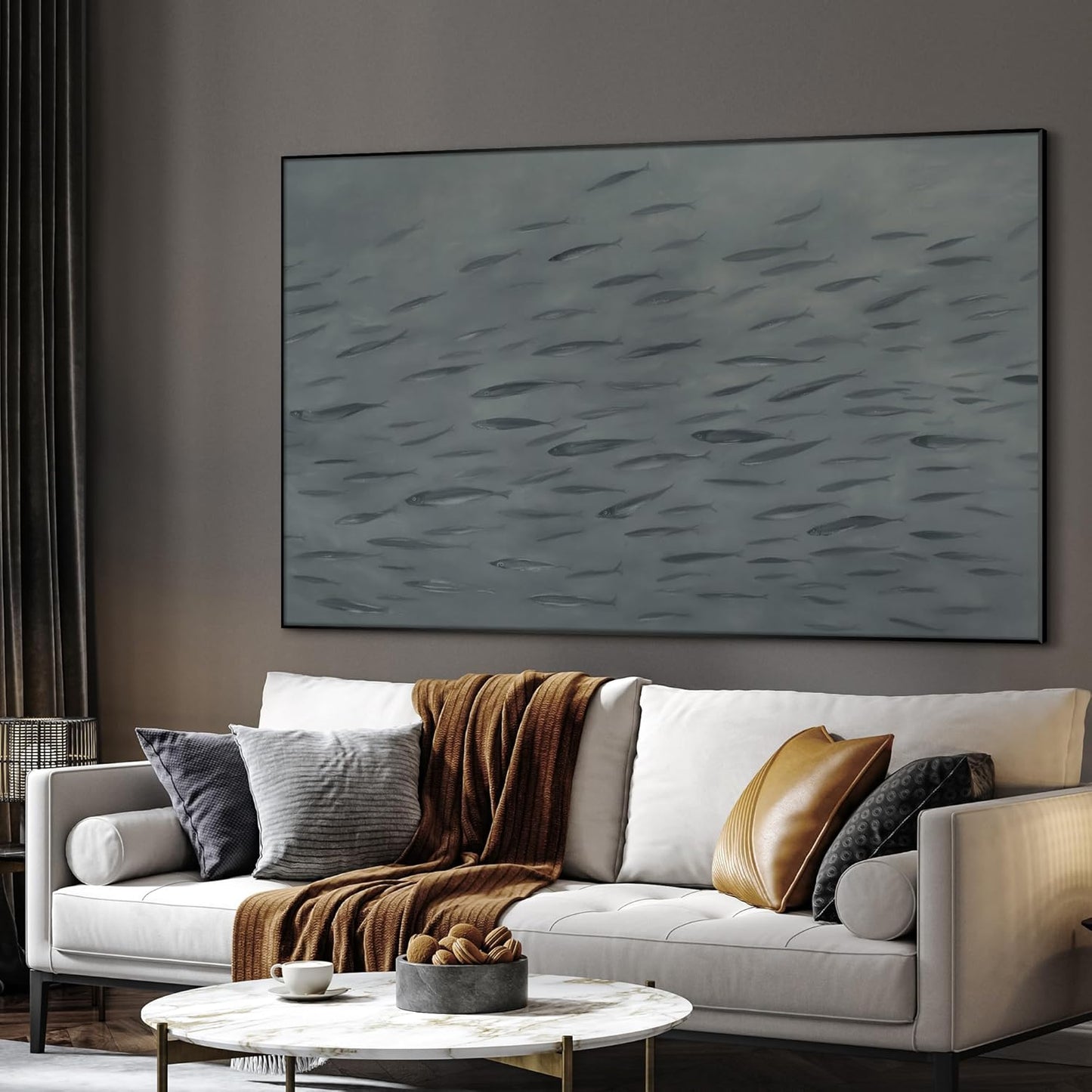 SIGNWIN 46"x72" Extra Large Framed Wall Art Gray School of Fish Minimalist Ocean-Inspired Marine