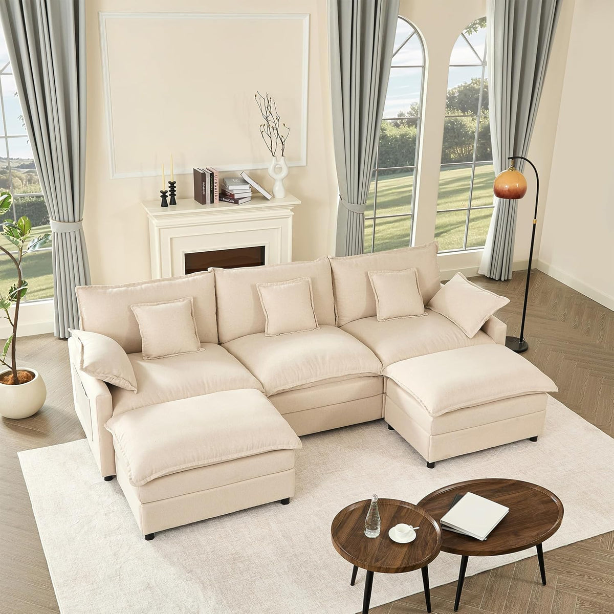 108" U Shaped Couch, Modular Sectional Sofa, 3-Seater Comfy Cloud Couch with Movable Ottoman, Deep