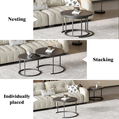 Round Nesting Coffee Table, Black Modern Decorative Coffee Center Table Set of 2, Sintered Stone