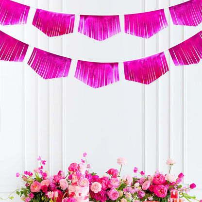 Hot pink Tassel Banner Double Sided Metallic Fabric Pennant Bunting Flag Garland for Birthday