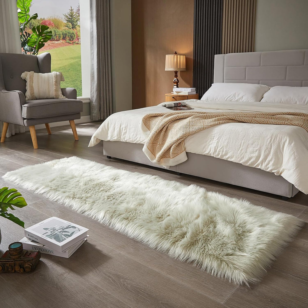 AMTOVO Faux Fur Rug, Light Grey Ultra Soft Fluffy Shag Sheepskin Rug, 2 x 6 ft Runner Area Rugs for