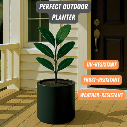 Fox & Fern 10 Inch Black Plant Pot with Drainage Plug — Premium Lightweight Fiberstone Matte Black