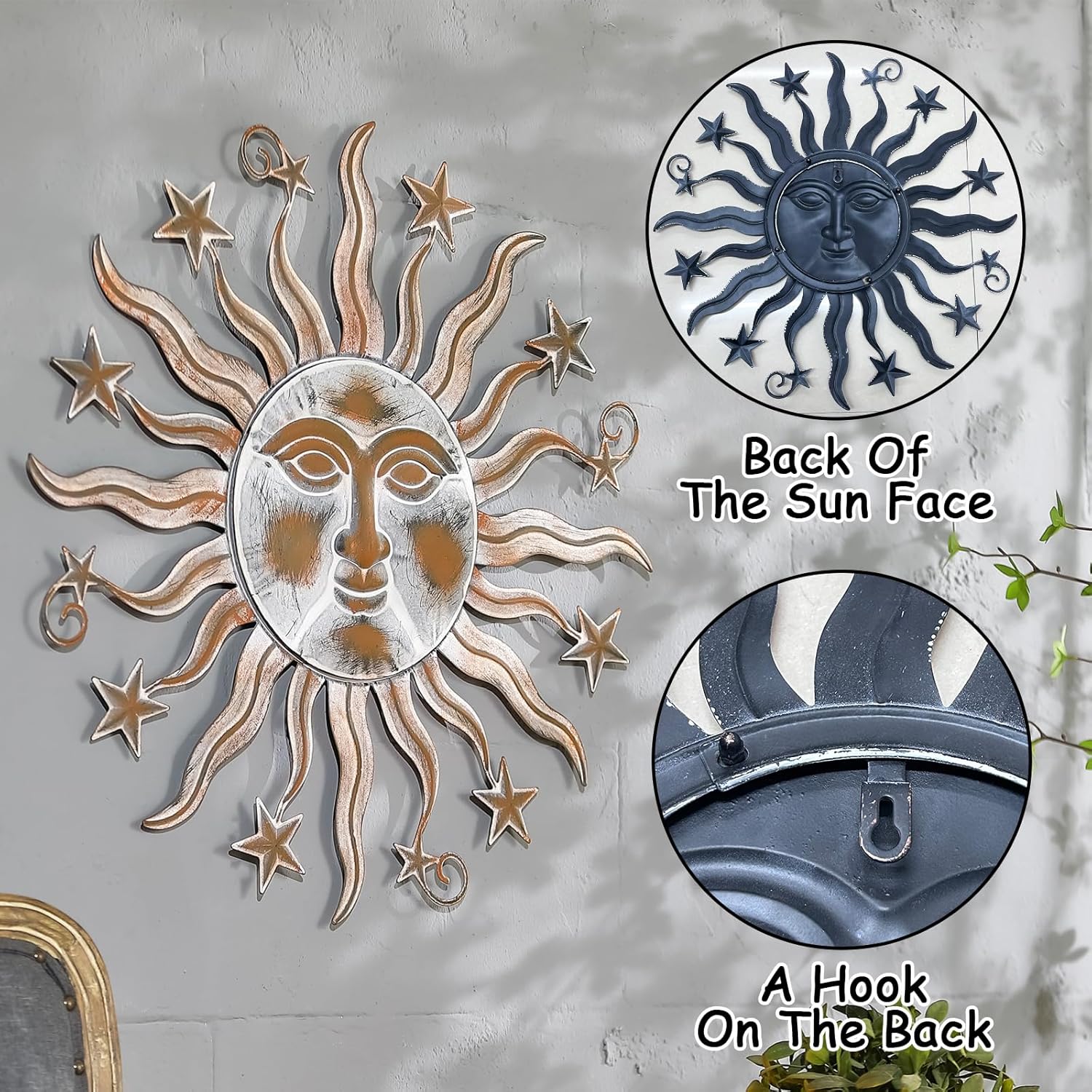 TICKCACY Metal Sun Wall Art Sculpture Decor, 23.8” Vintage Sun and Star Wall Hanging Decoration for