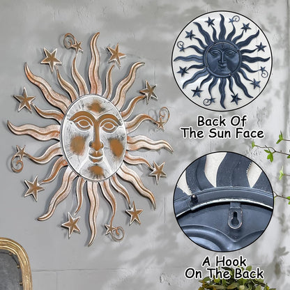 TICKCACY Metal Sun Wall Art Sculpture Decor, 23.8” Vintage Sun and Star Wall Hanging Decoration for