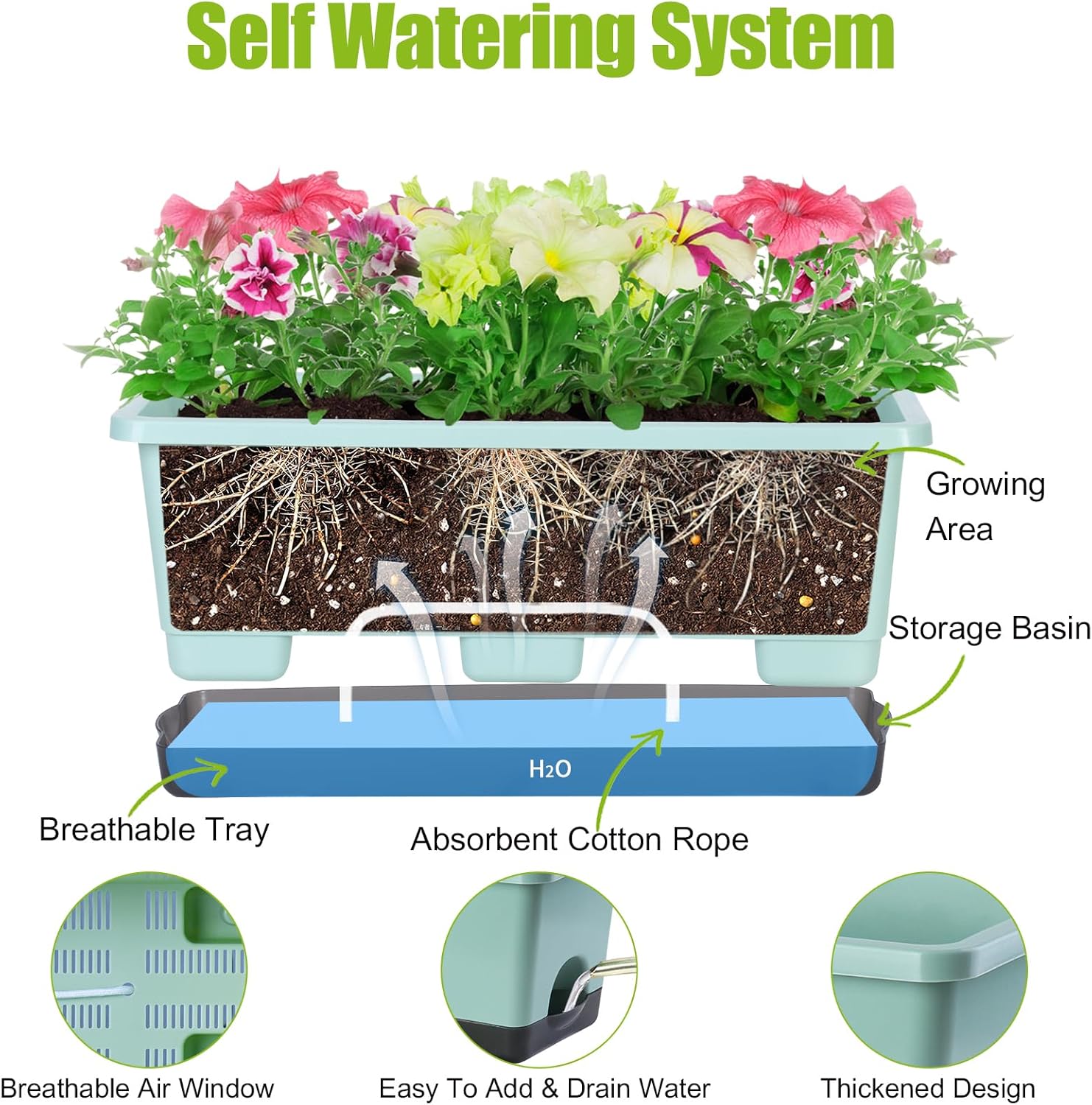 Window Box Planter 8 Pcs, 17 Inches Rectangle Flower Pots with Drainage Holes and Trays, Vegetable