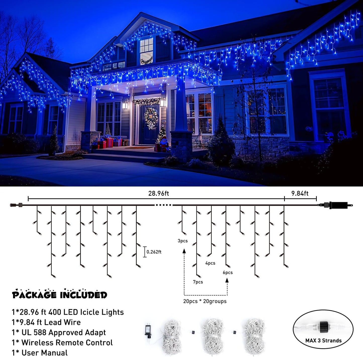 JMEXSUSS 400 LED Blue Icicle Lights for Outdise, 38.8 FT Christmas Icicle Lights Indoor Outdoor
