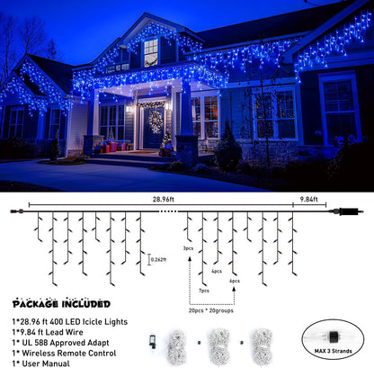 JMEXSUSS 400 LED Blue Icicle Lights for Outdise, 38.8 FT Christmas Icicle Lights Indoor Outdoor