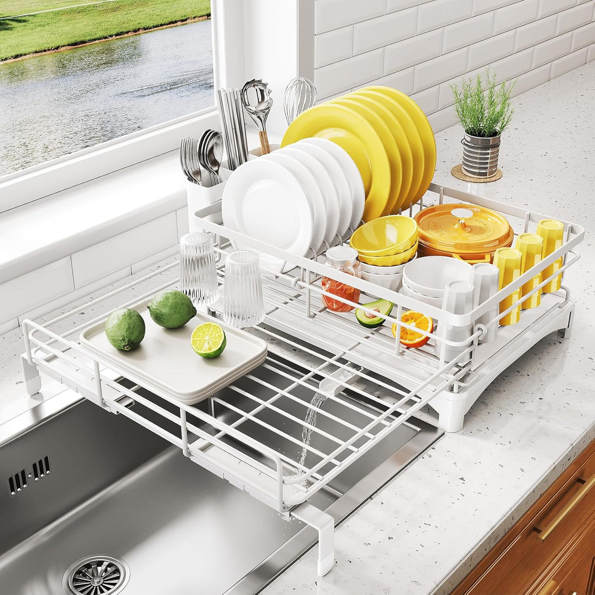 Dish Drying Rack - Extendable Dish Rack, Large Sink Drying Dish Drainer for Kitchen Counter