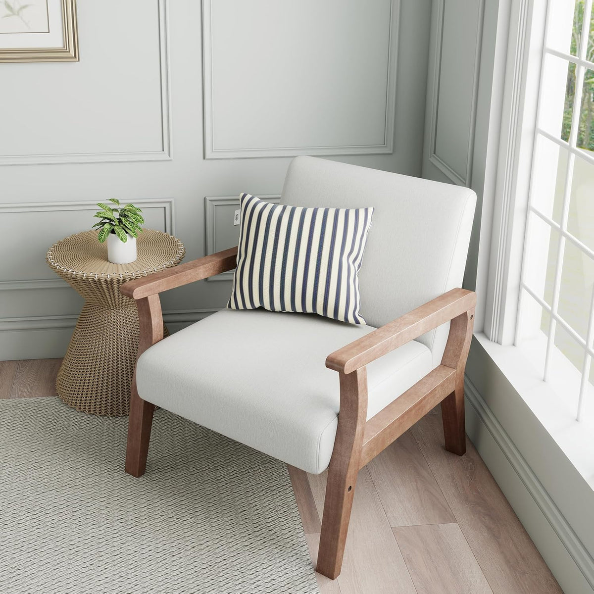 HNY Mid Century Armchair with Wood Frames, Linen Upholstered Living Room Arm Chair, for Living