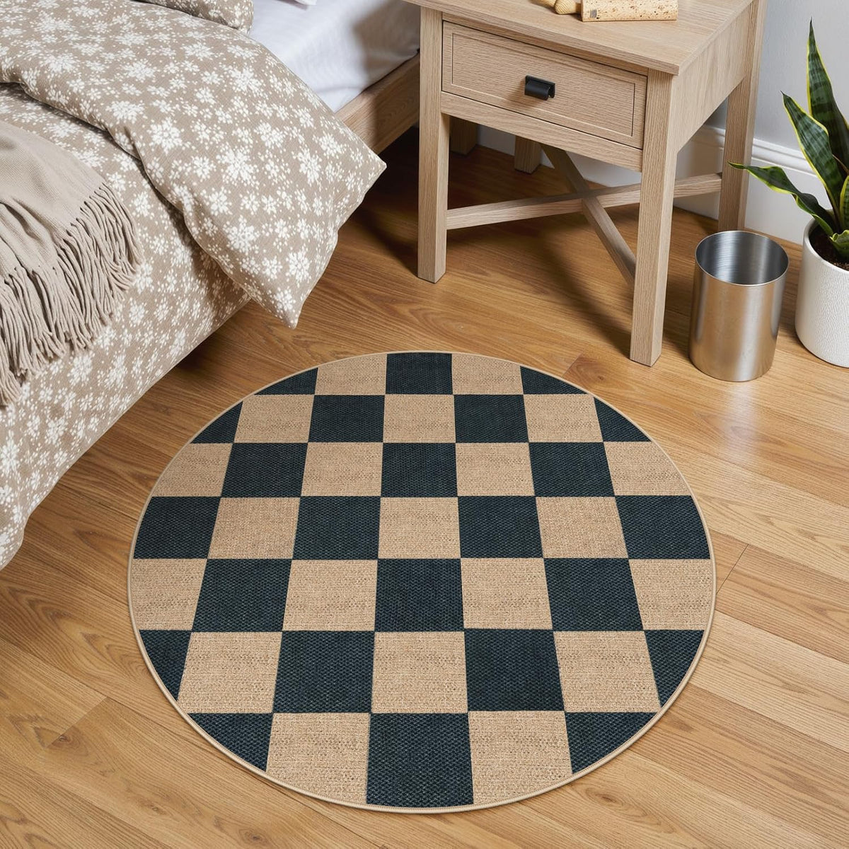 Lahome Checkered Easy Jute Rugs for Entryway, 3 ft Round Rug Small Indoor Outdoor Circle Carpet