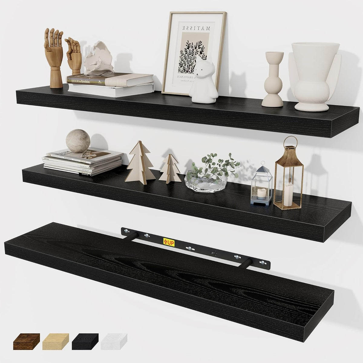 Fun Memories 32 Inch Floating Shelves Wall Shelf Set of 3, Black Bathroom Shelves 32 Inch