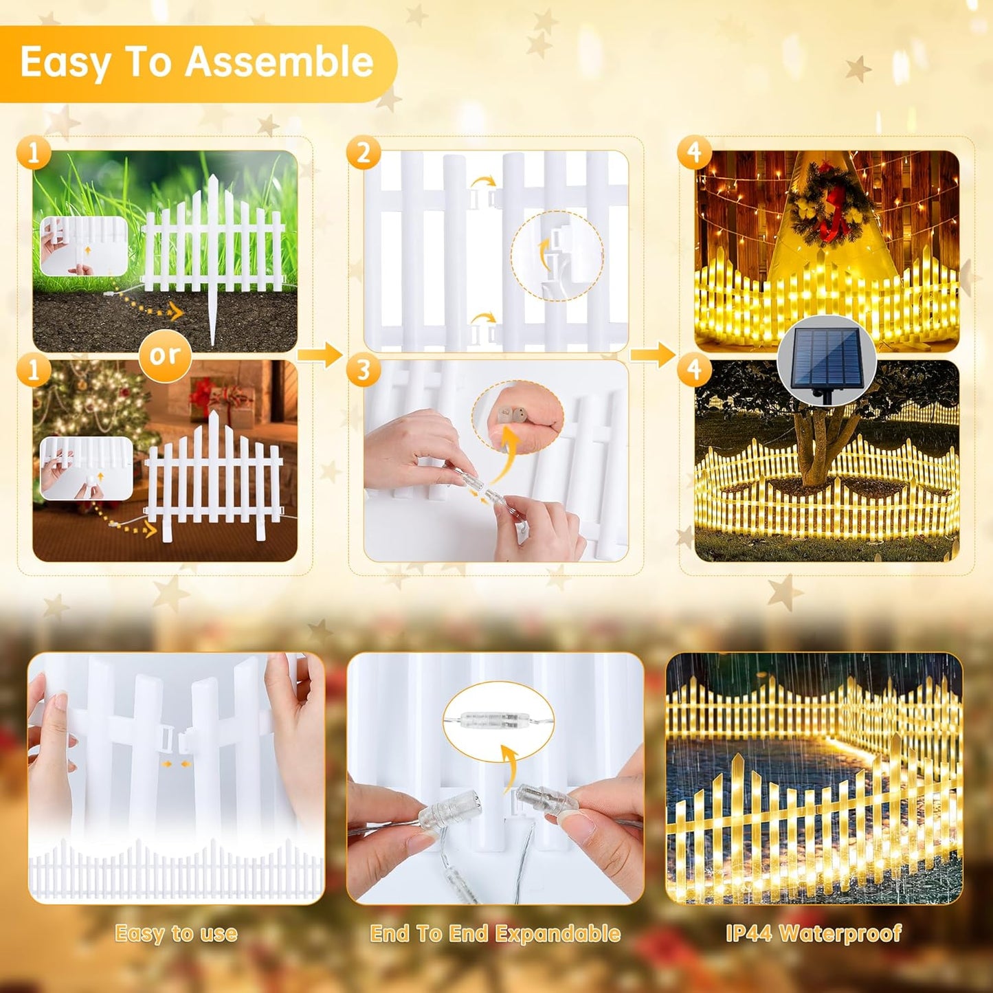 Hopolon 4 Pack Solar Garden Lights Outdoor, 11.1in (H) X 4.6ft (L) 144 Led White Picket Fence