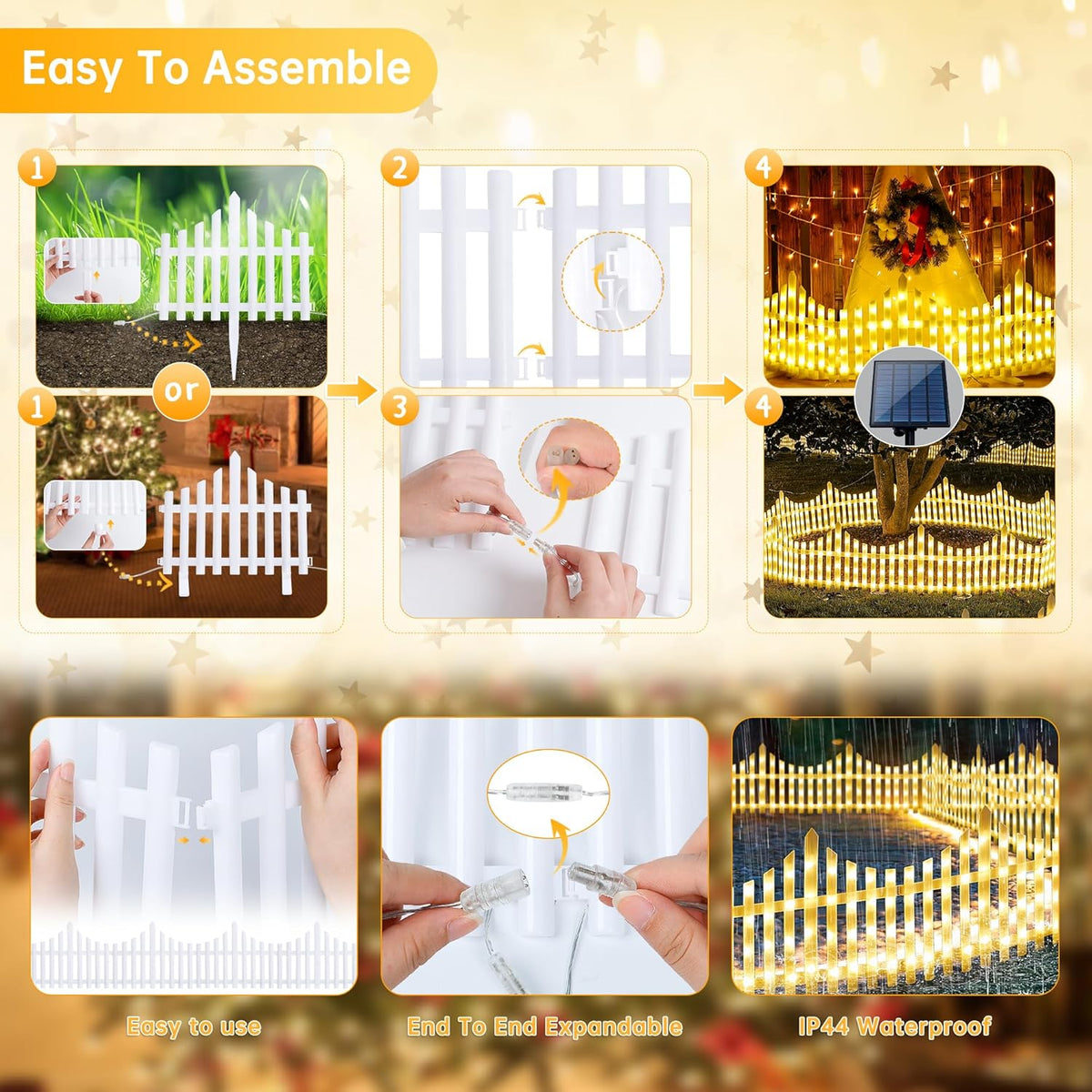 Hopolon 4 Pack Solar Garden Lights Outdoor, 11.1in (H) X 4.6ft (L) 144 Led White Picket Fence