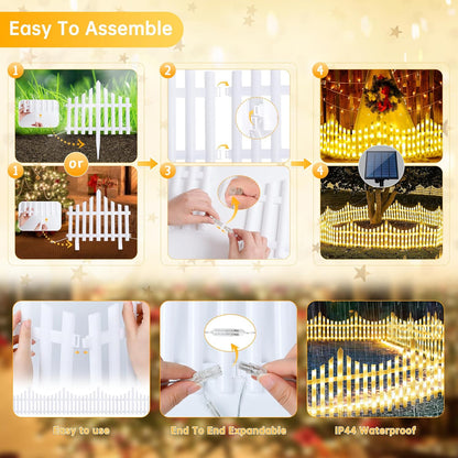 Hopolon 4 Pack Solar Garden Lights Outdoor, 11.1in (H) X 4.6ft (L) 144 Led White Picket Fence