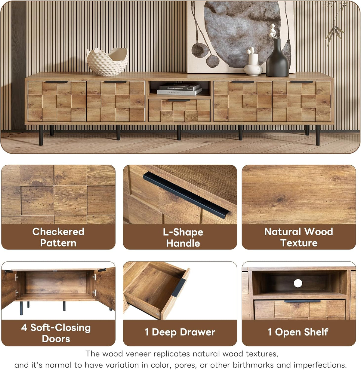 Modern TV Stand for TVs up to 85", Mid-Century Media Console with Checkered Cabinet Doors, Storage