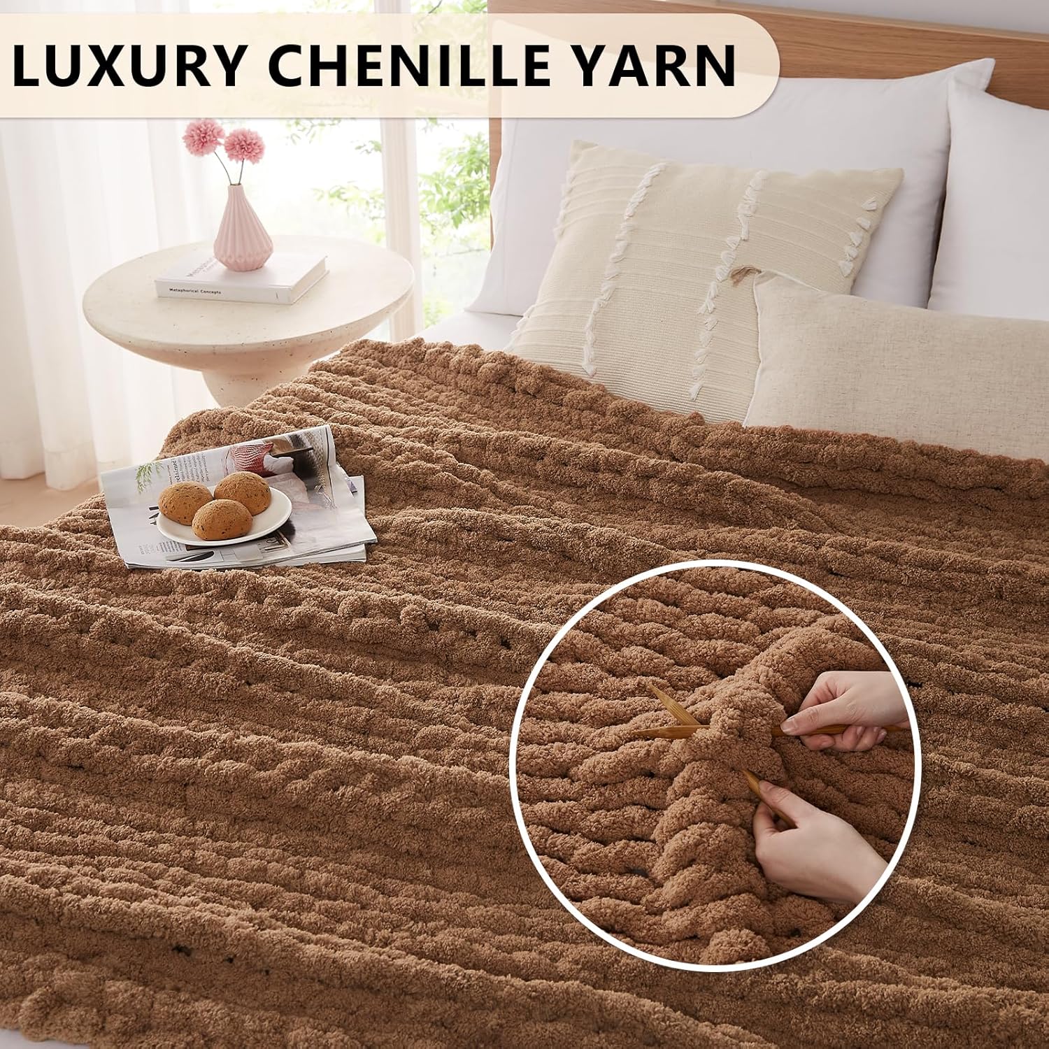 L'AGRATY Chunky Knit Blanket Throw: 50''x60'' Chenille Chunky Knitted Throw Blanket for Bed Couch