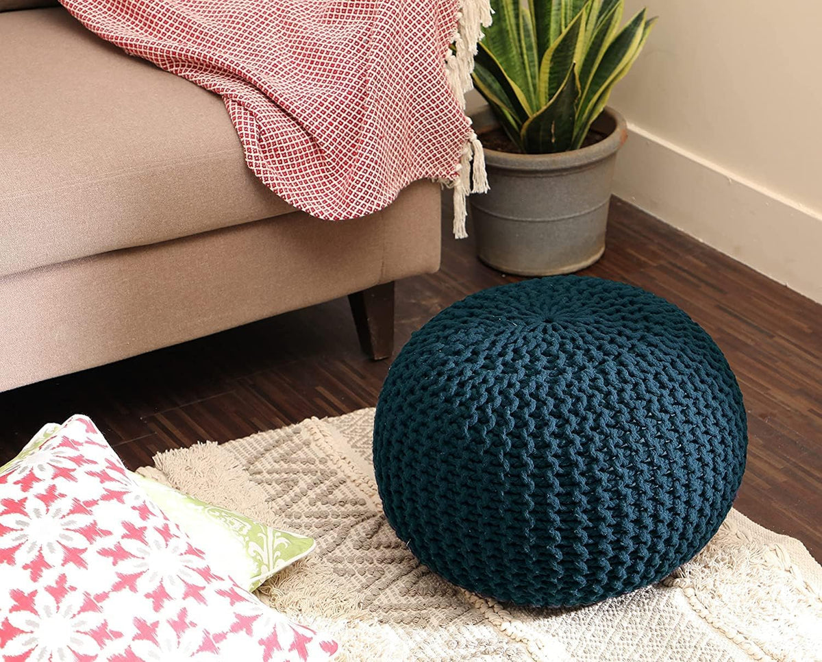 REDEARTH Round Pouf Bean Bag Ottoman - Foot Stool Hand Knitted - Home Decor Pouffe Stuffed - Cable