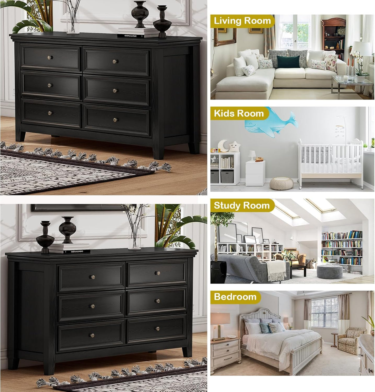 BLANKSPACE Black 6 Drawer Dresser, Modern Dresser for Bedroom, Wood Drawer Organizer with Metal
