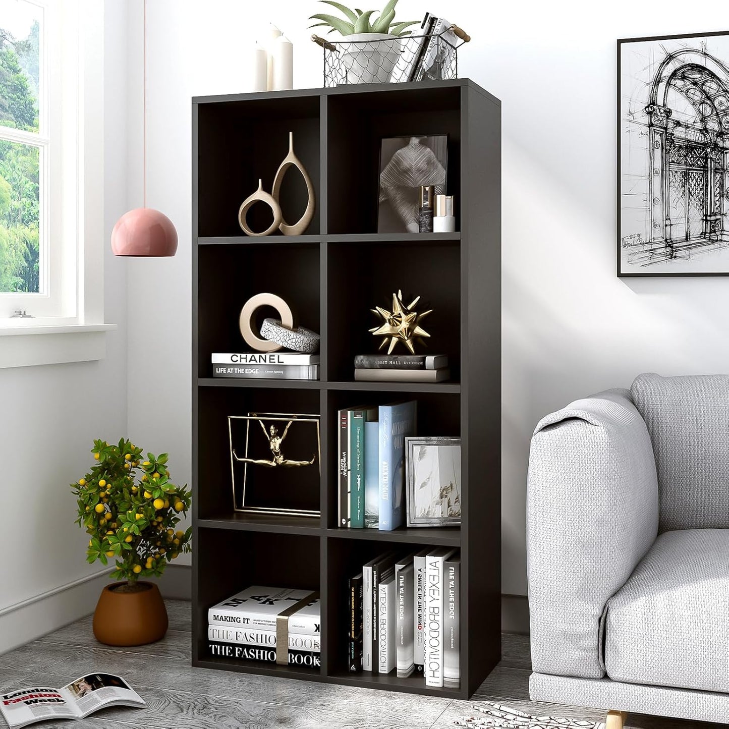 8-Cube Storage Shelf Bookcase - Wooden 4-Tier Floor Standing Open Bookshelf, Modern TV Stand up to