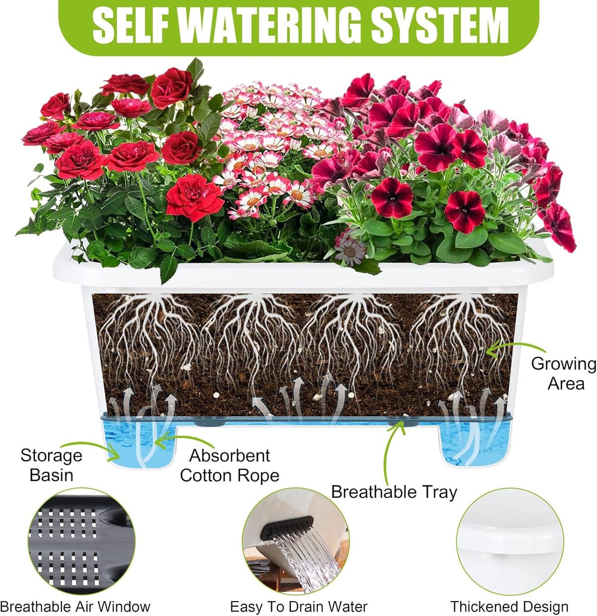 Self-Watering Rectangle Planter Boxes 8-Pack, 15.7-Inch Window Box Planter with Drainage Holes &