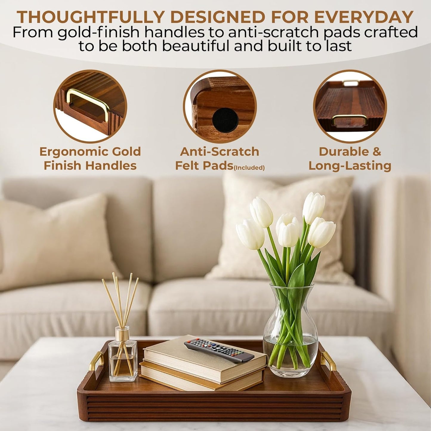 Acacia Wood Serving Tray with Metal Handles – 17x12in Rustic Decorative Ottoman & Coffee Table Tray