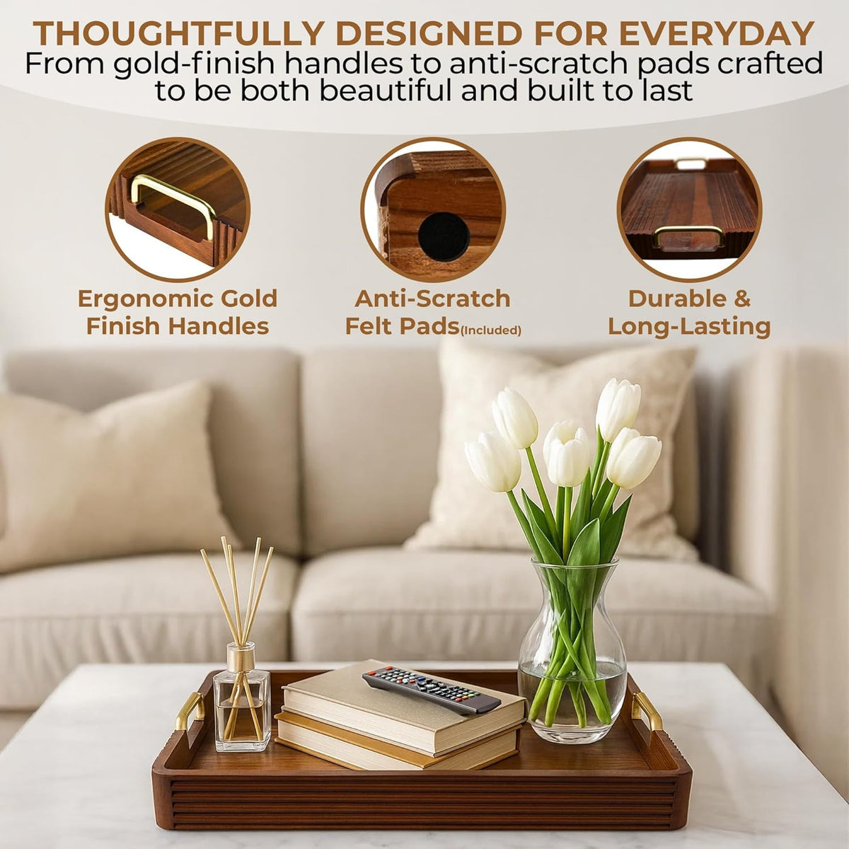Acacia Wood Serving Tray with Metal Handles – 17x12in Rustic Decorative Ottoman & Coffee Table Tray