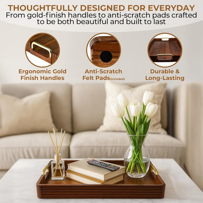 Acacia Wood Serving Tray with Metal Handles – 17x12in Rustic Decorative Ottoman & Coffee Table Tray