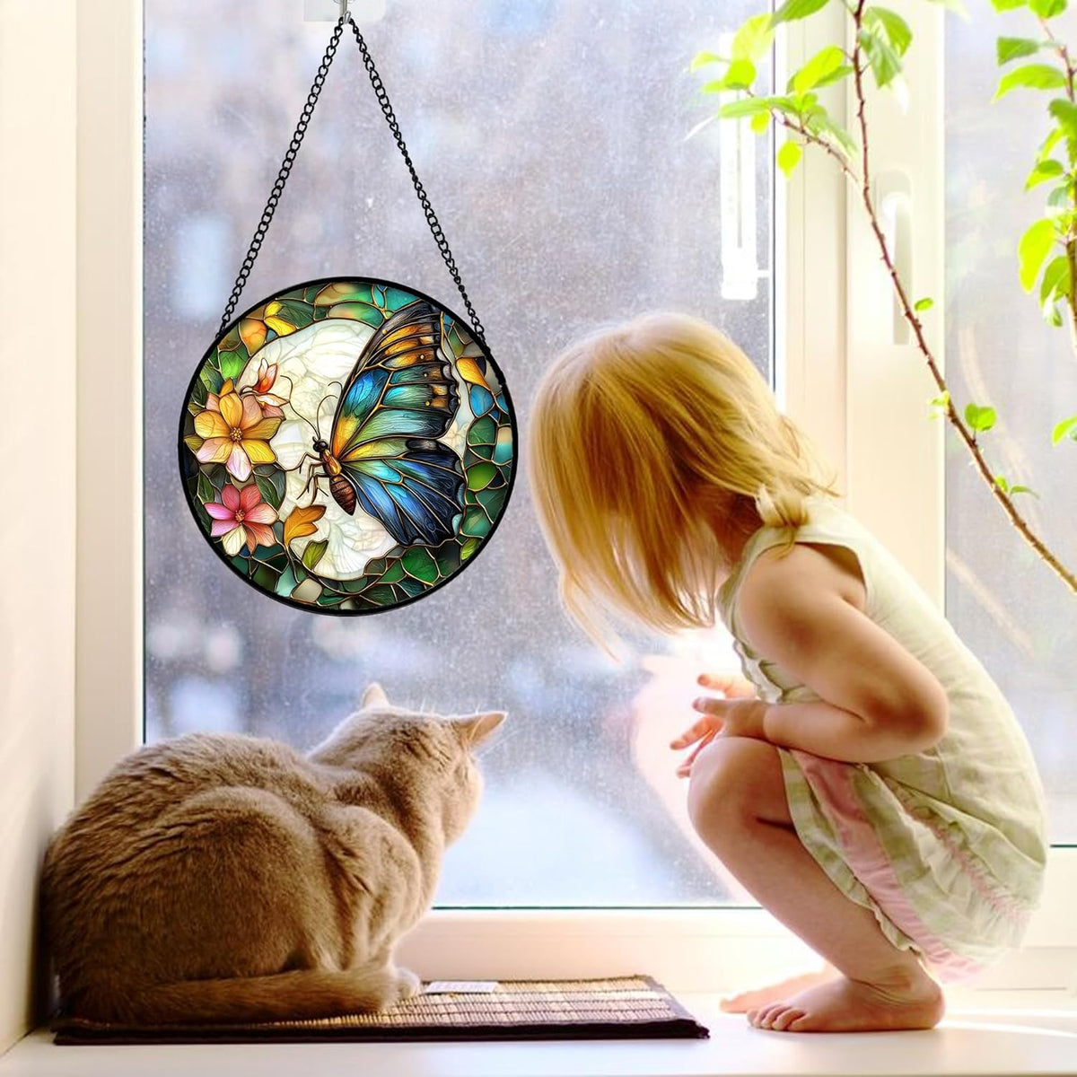 Stained Glass Window Hanging, Butterfly Flower Sun Catchers Diamond Glass Panel Hangings Insect
