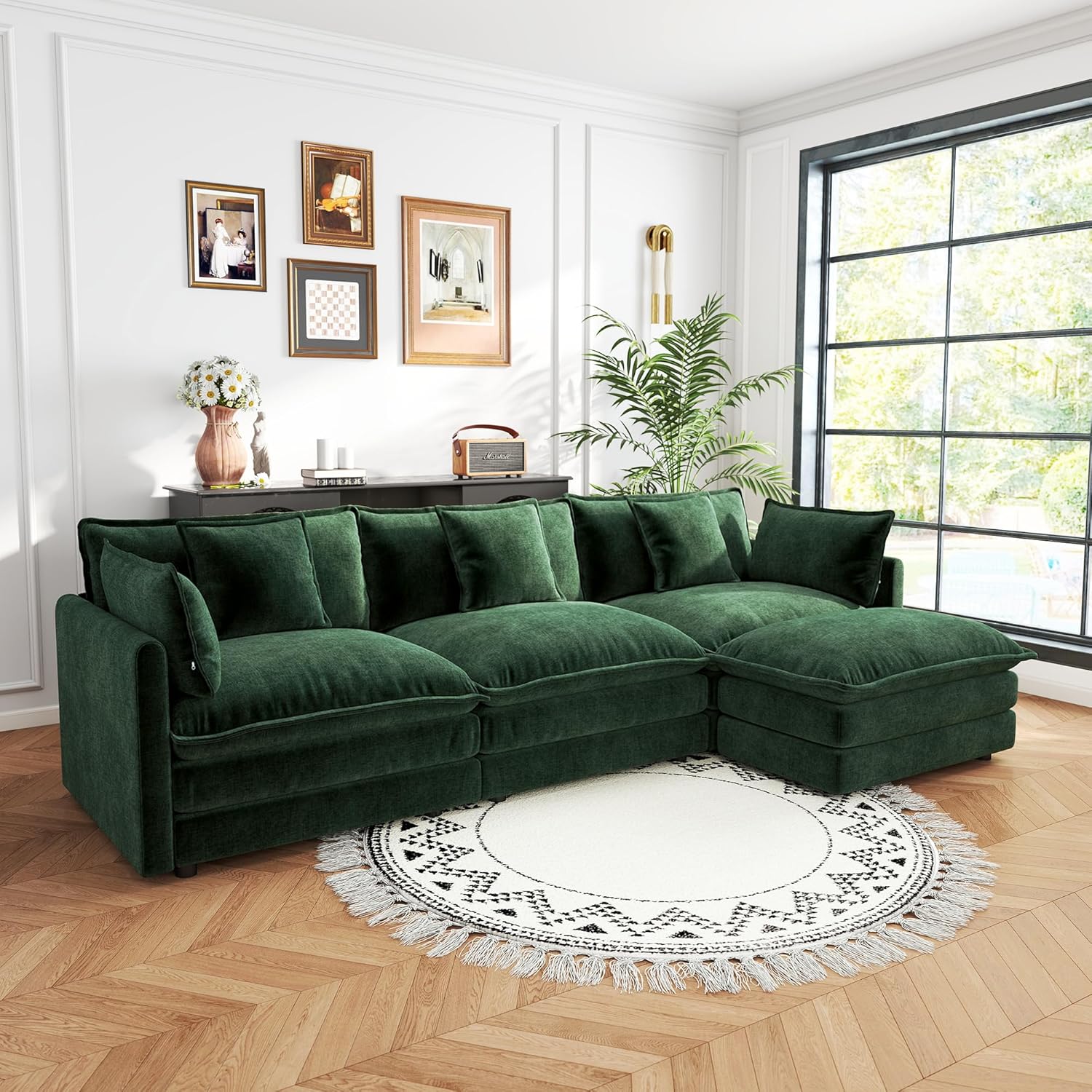 Sectional Sofa 3 Seater with Movable 1 Ottoman,Oversized Modular Couch Deep Seat (Green, 111.5