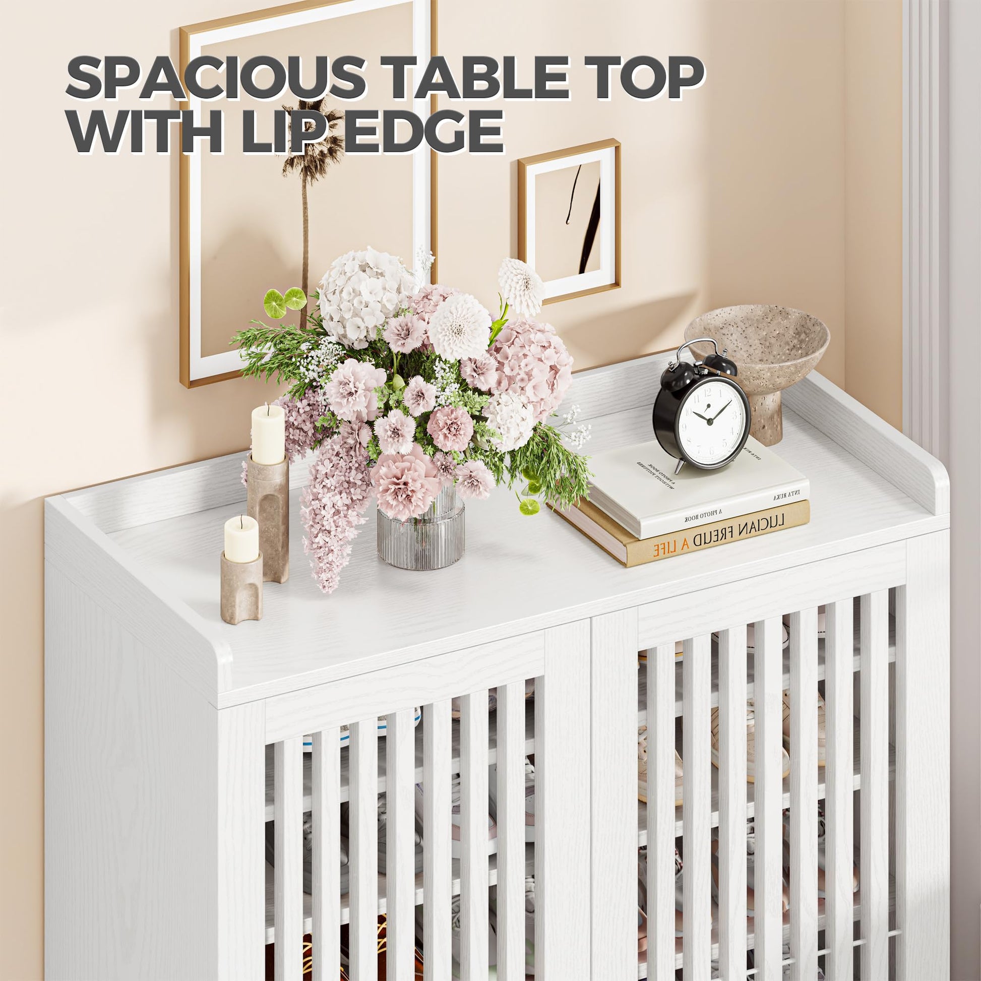 IRONCK Shoe Cabinet with Slatted Doors, 6-Tier Shoe Storage Cabinet, White