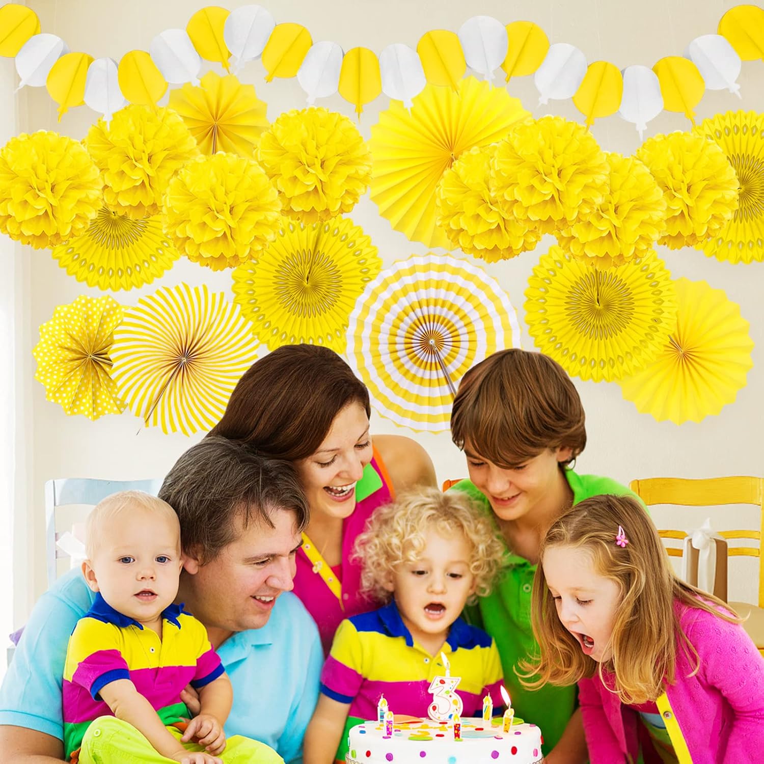 Yellow Party Decorations, Papar Fans Pompoms Fans Garlands for Birthday Bridal Baby Shower Wedding