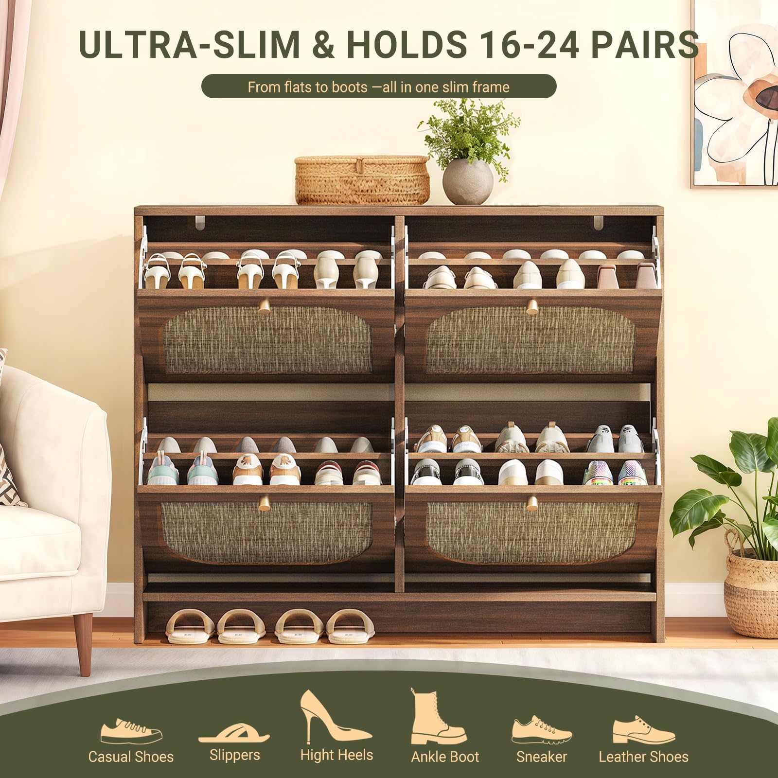 Nicetree Freestanding Ultra Slim Arched Accent Entryway Shoe Storage - 4 Flip Drawers & 3-Tier