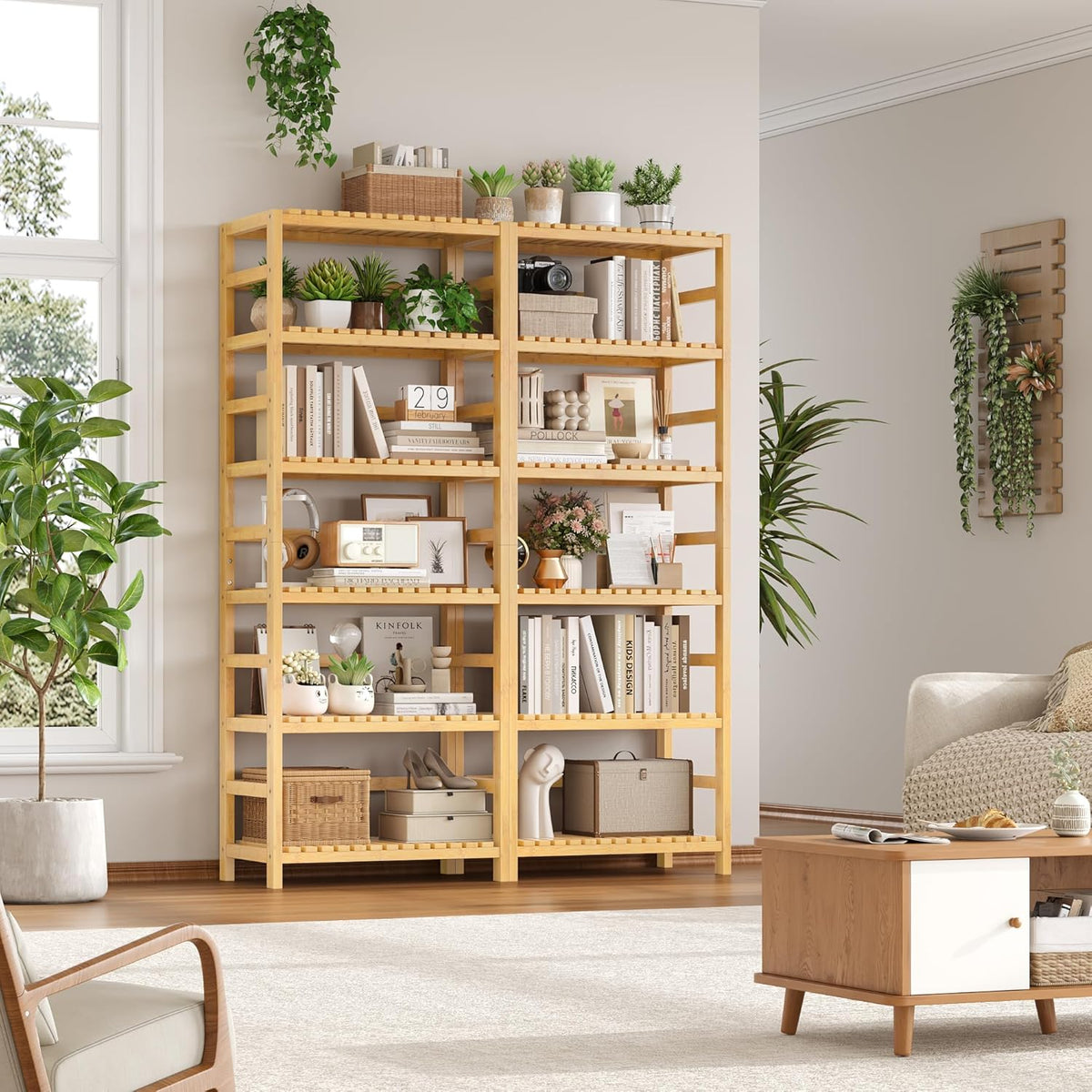 FOTOSOK 6-Tier Bamboo Shelf Set of 2, Bamboo Bookcase with Adjustable Shelves, Free Standing