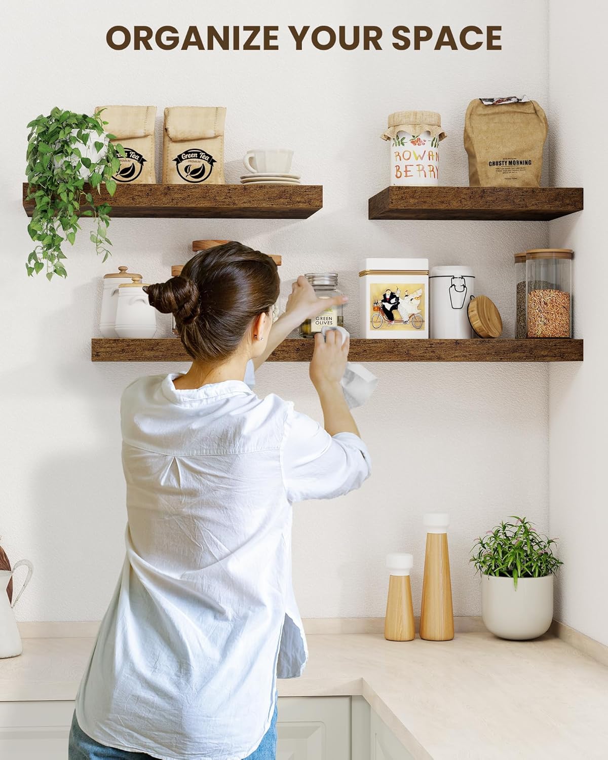 Marsmiles 55" Floating Shelves for Wall, Wooden Shelves with Invisible Brackets Set of 2, Rustic