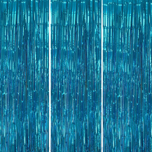 3 Pack Foil Fringe Backdrop - Blue Shiny Tinsel Curtains for Party Decoration/Photo Booth Props