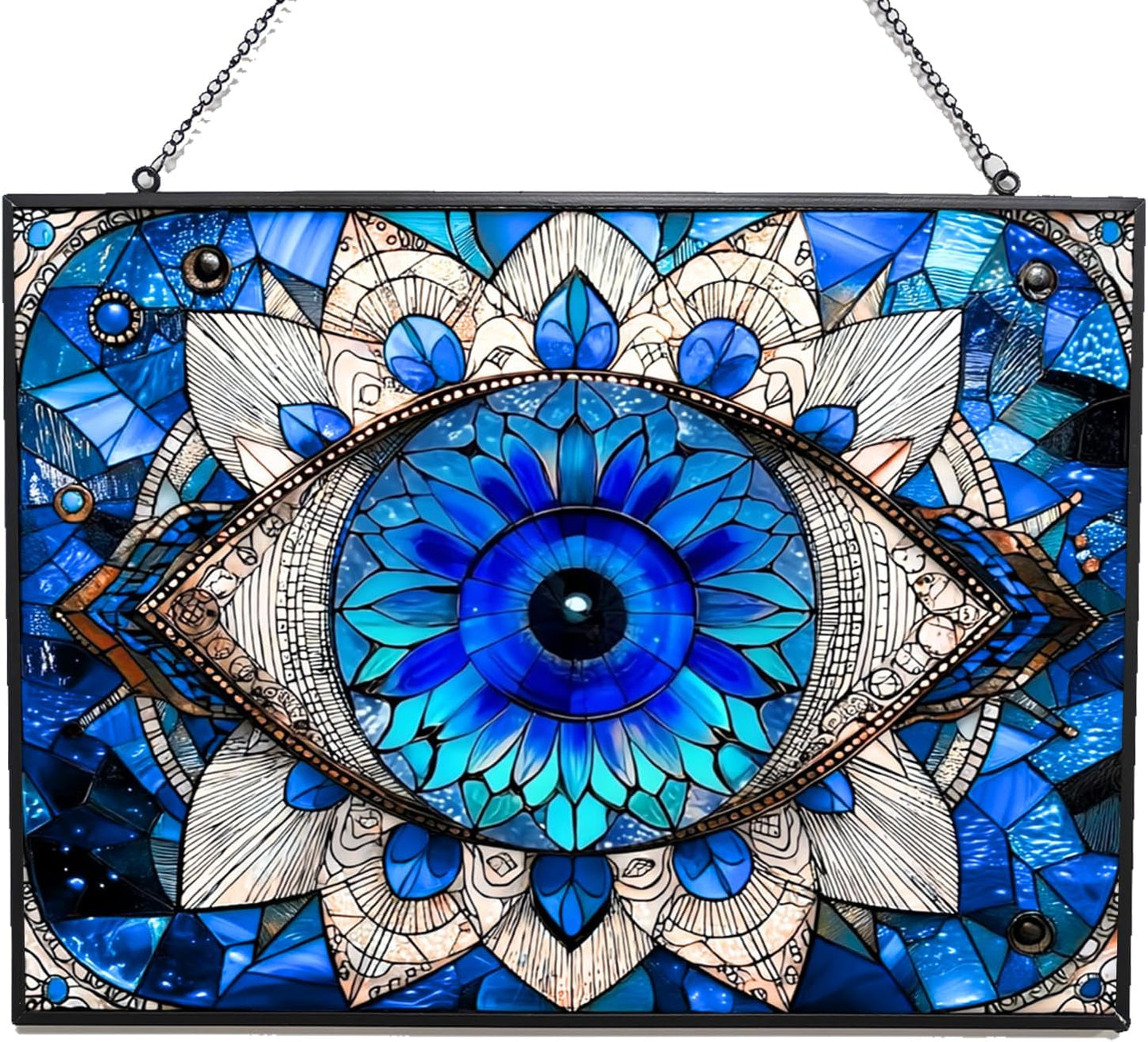 Rectangle Evil Eye Suncatchers for Windows, Stained Glass Window Hangings,Hand-Painted Glass Panel