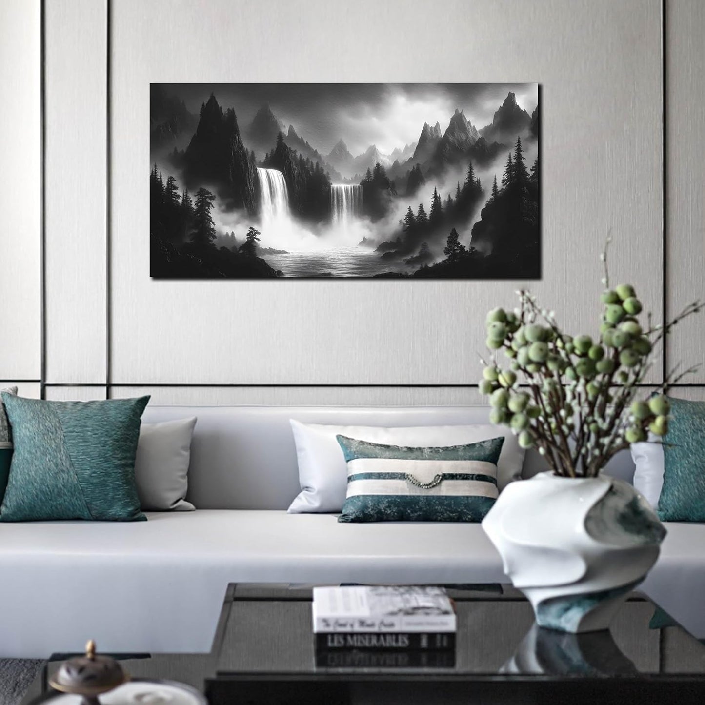 Mountain Wall Pictures for Living Room Decor - Black and White Wall Art Bedroom - Waterfall Canvas