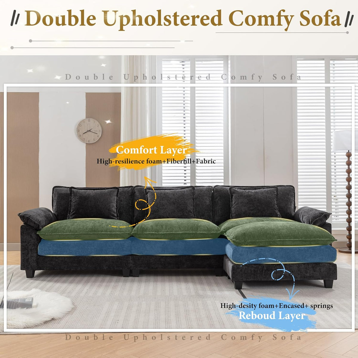URRED Modular Sectional Sofa Comfy Cloud Couch, Modern Chenille Sofa Sleeper Deep Seat Couches with