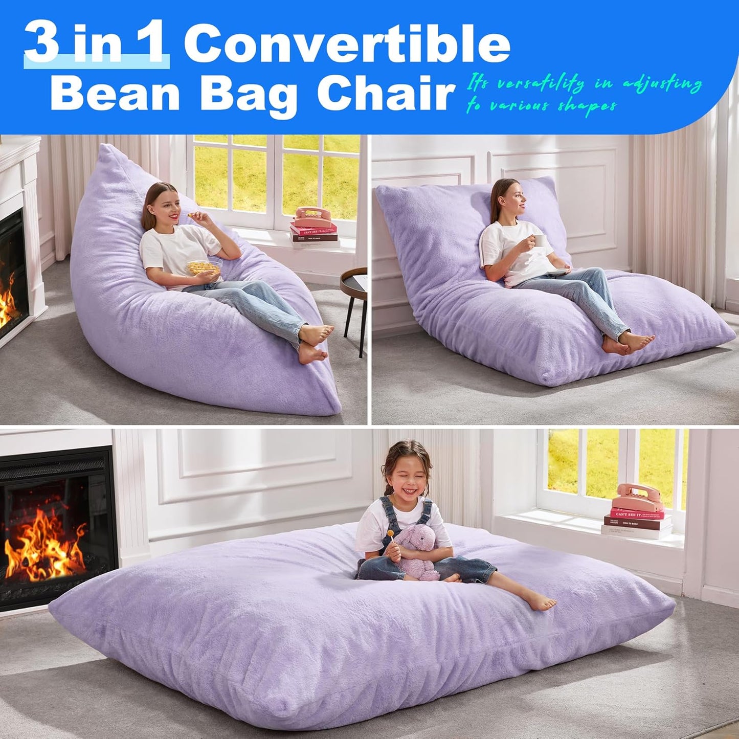 Hobestluk 3 in 1 Bean Bag Chair Giant Bean Bag Chairs for Adults with Plush Faux Fur Cover