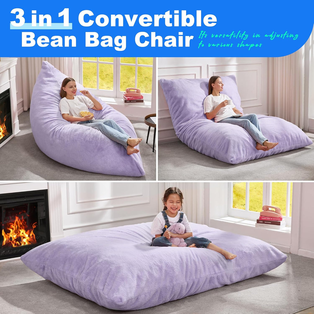 Hobestluk 3 in 1 Bean Bag Chair Giant Bean Bag Chairs for Adults with Plush Faux Fur Cover