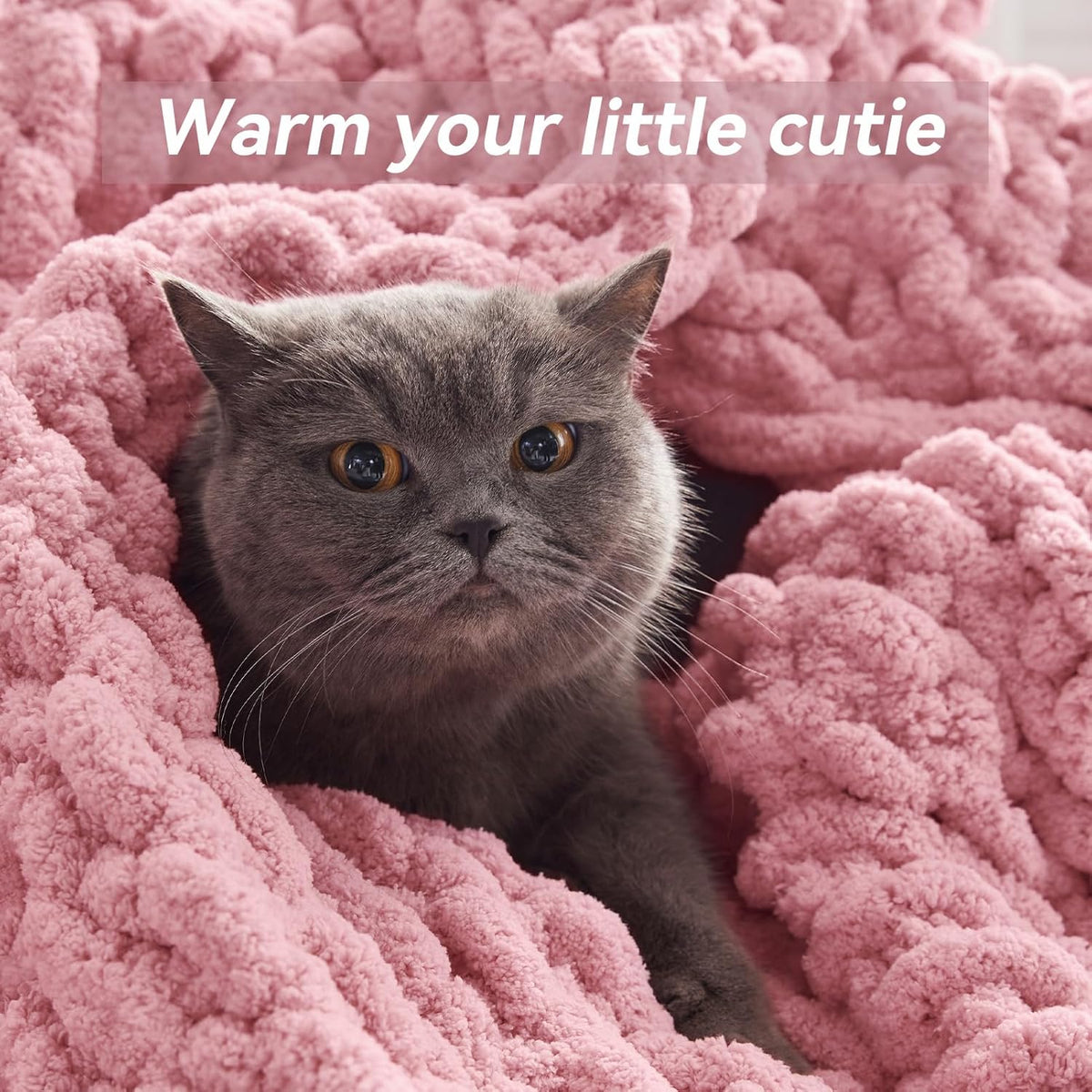 Chunky Knit Throw Blanket, 30''*40'' Knitted Throw Chenille Yarn for Bed Couch, Handmade Light Pink