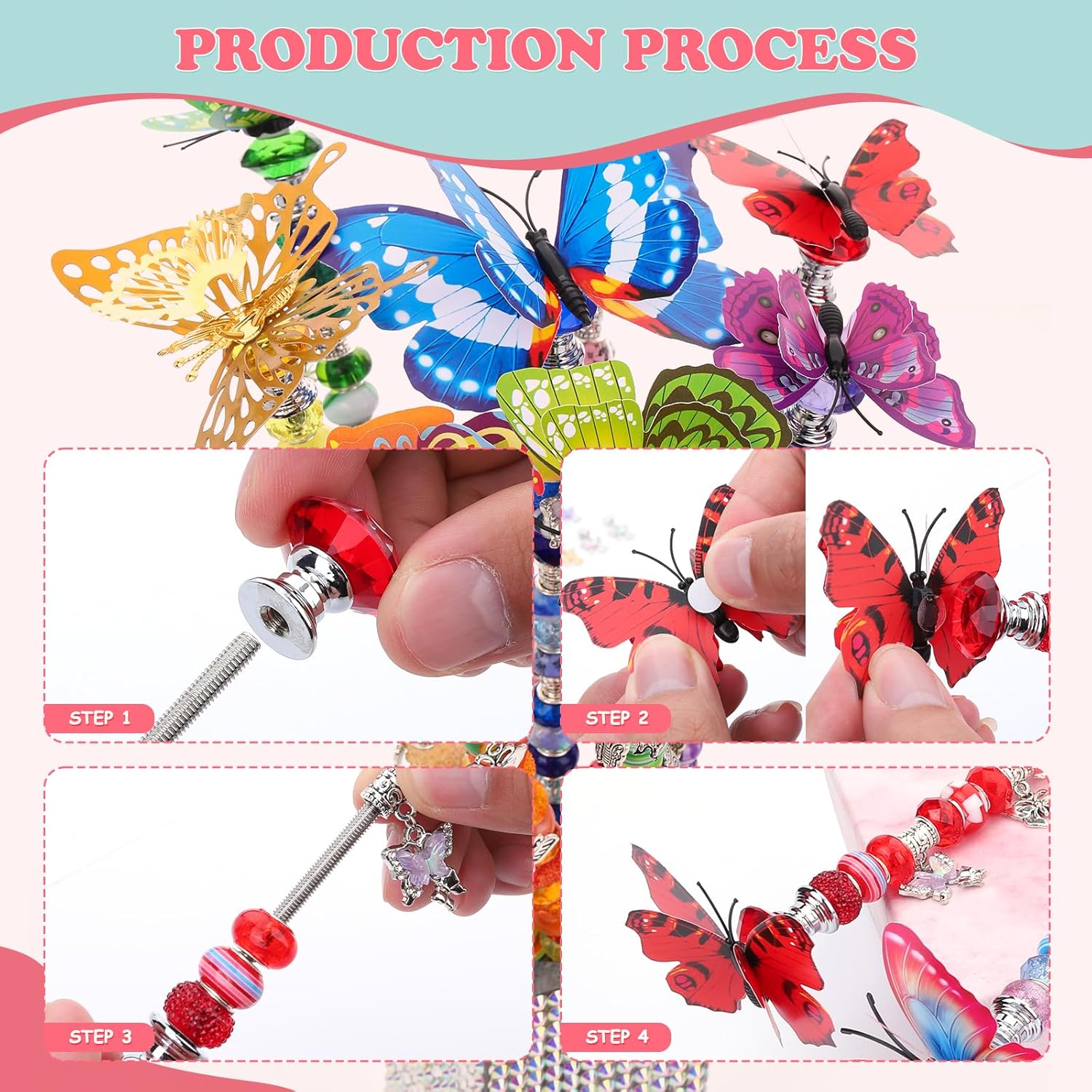380pcs Beaded Garden Stake, DIY Butterfly Fairy Wand Garden Stake Kit with 10IN Threaded Rod
