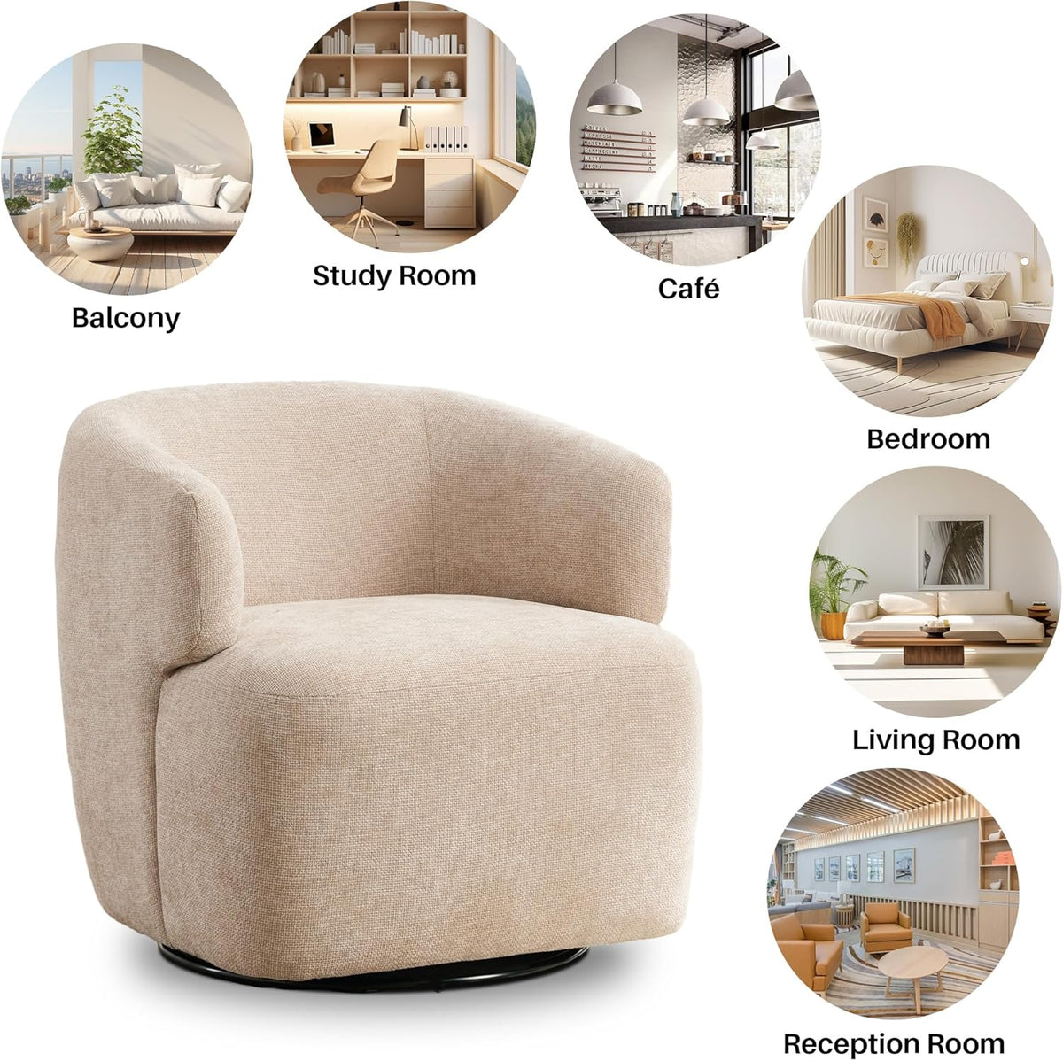 Swivel Accent Chair, Chenille Barrel Chair for Living Room, Cozy Round Boucle Arm Chair, Metal Base