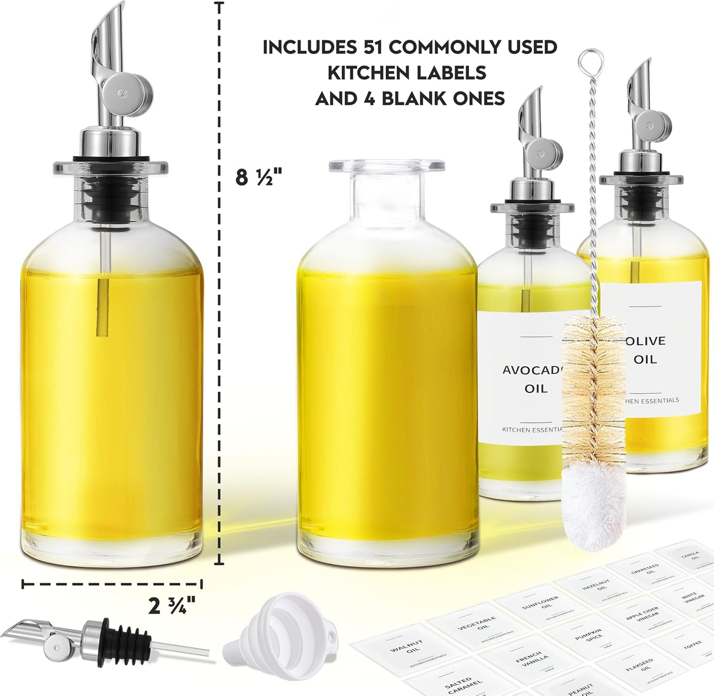 Olive Oil Dispenser Bottle - Includes 55 Kitchen Essential Labels - Cooking Oil Bottles for