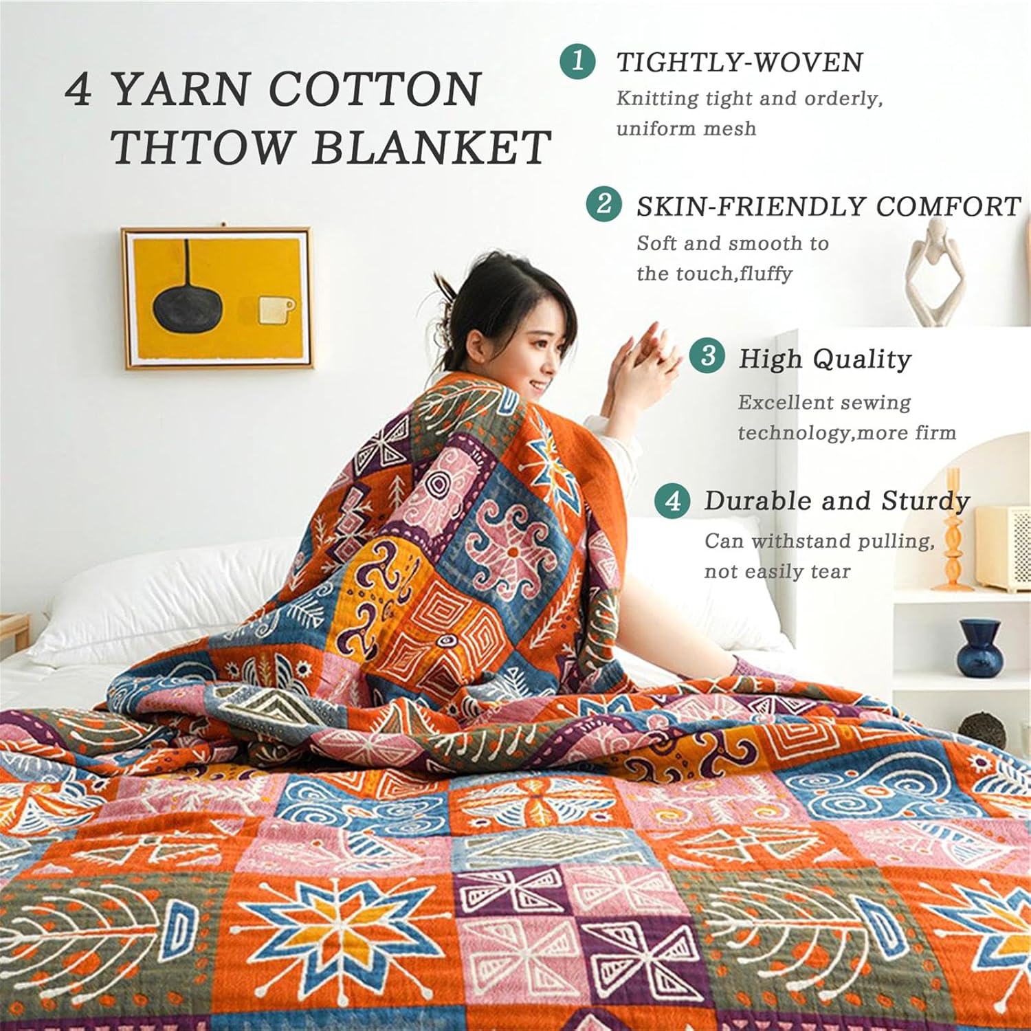 Christmas Cotton Throw Blanket for Couch Bed 60''x80'',Cotton Quilt Boho Throw Blanket Muslin Bed