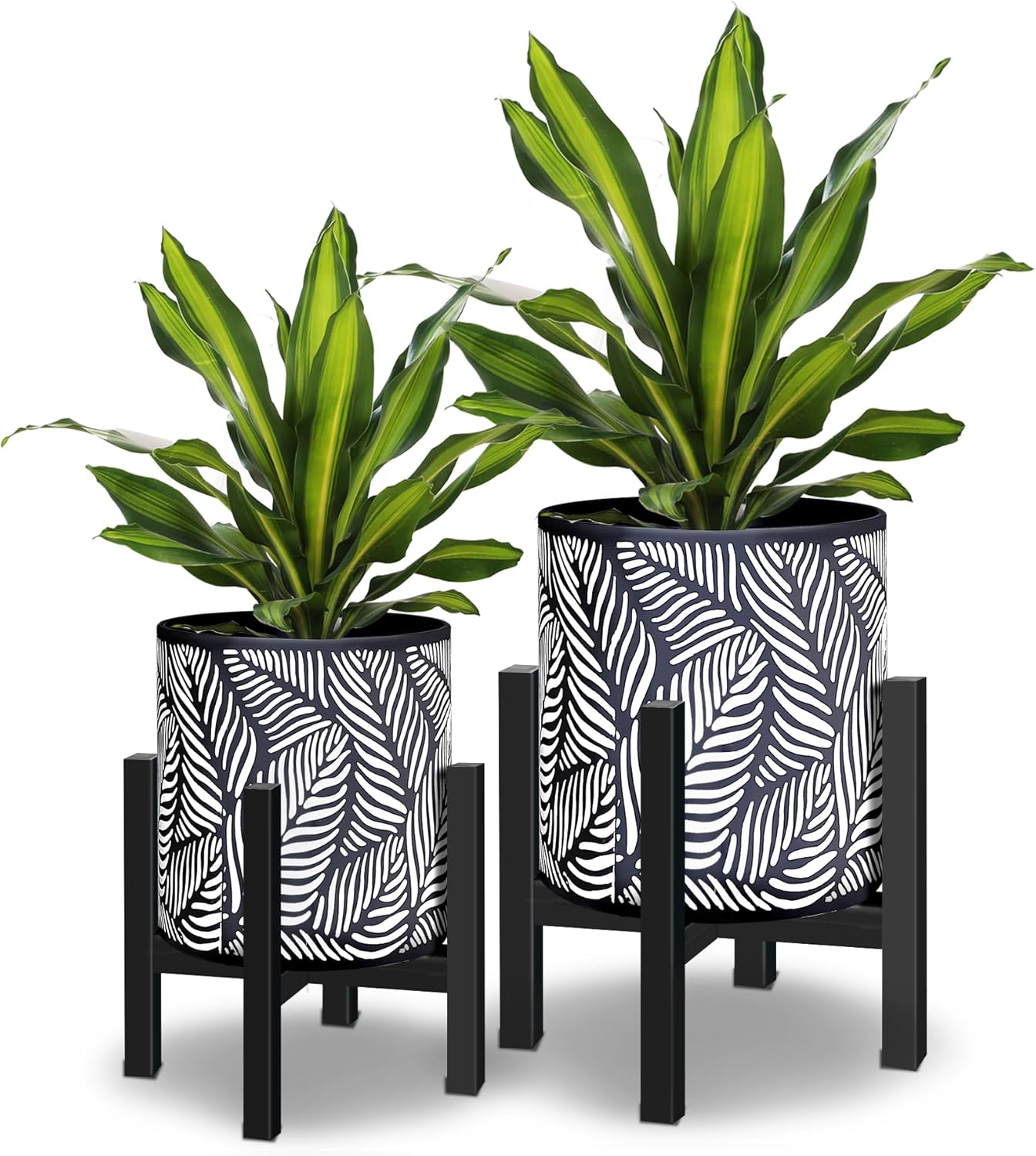 10 & 12 Inches Plant Pot with Stand Set of 2, Decorative Palm Leaves Printing Planter with Holder