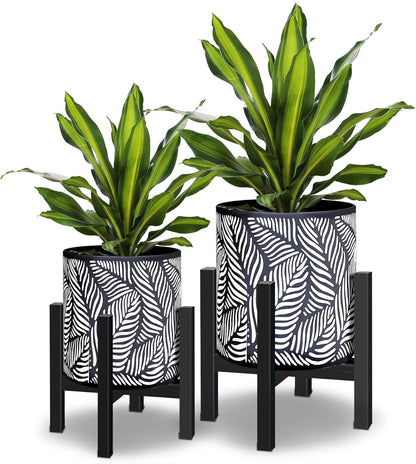 10 & 12 Inches Plant Pot with Stand Set of 2, Decorative Palm Leaves Printing Planter with Holder