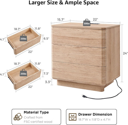 JXQTLINGMU 22" Modern Nightstand with Charging Station, Large Push-to-Open End Table, Wood Bedside