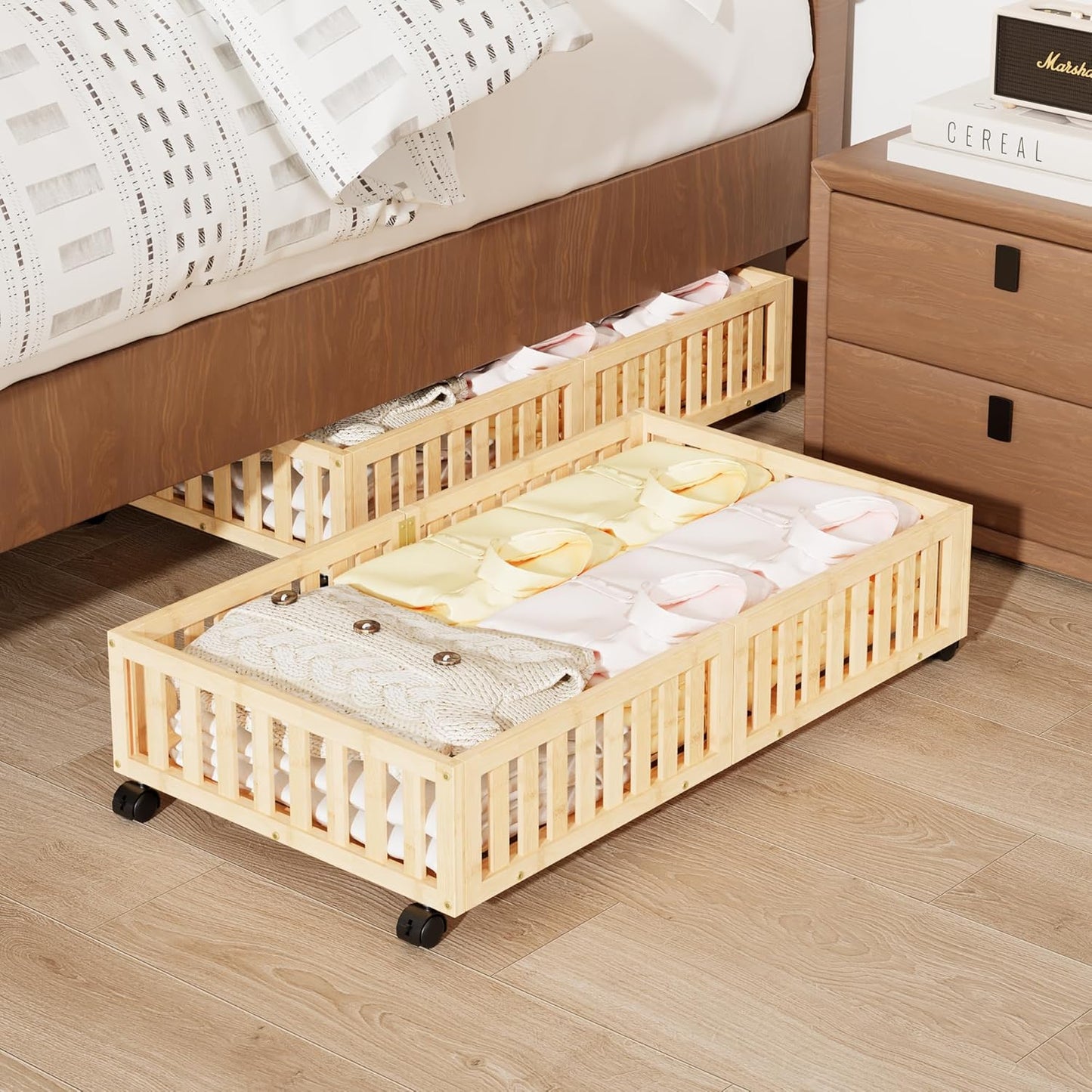 Bamboo Under Bed Storage with Wheels (2-Pack) – Rolling Underbed Shoe Organizer Box for Shoes