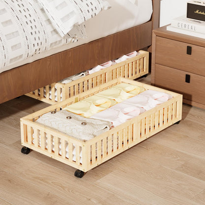 Bamboo Under Bed Storage with Wheels (2-Pack) – Rolling Underbed Shoe Organizer Box for Shoes